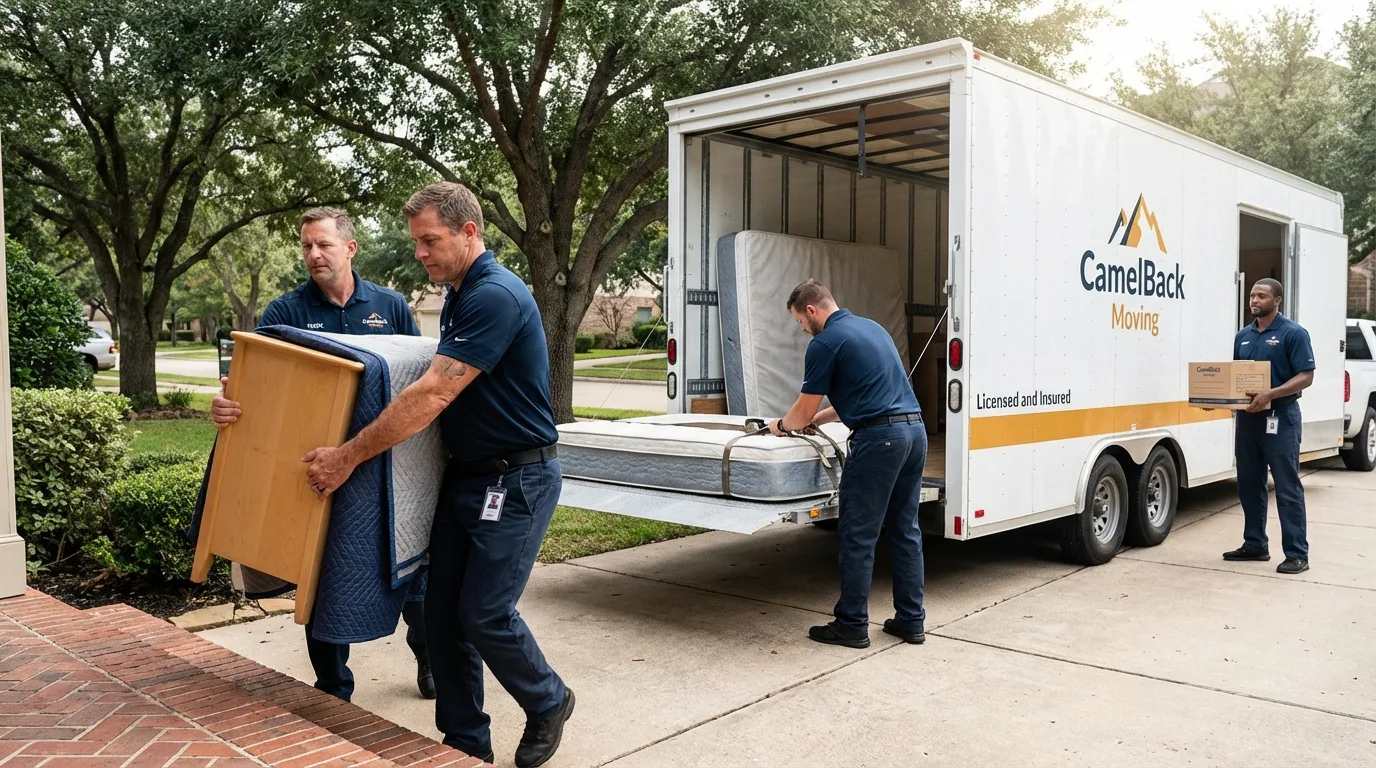 Crew loading residential truck for cross-state move from North Hills, CA
