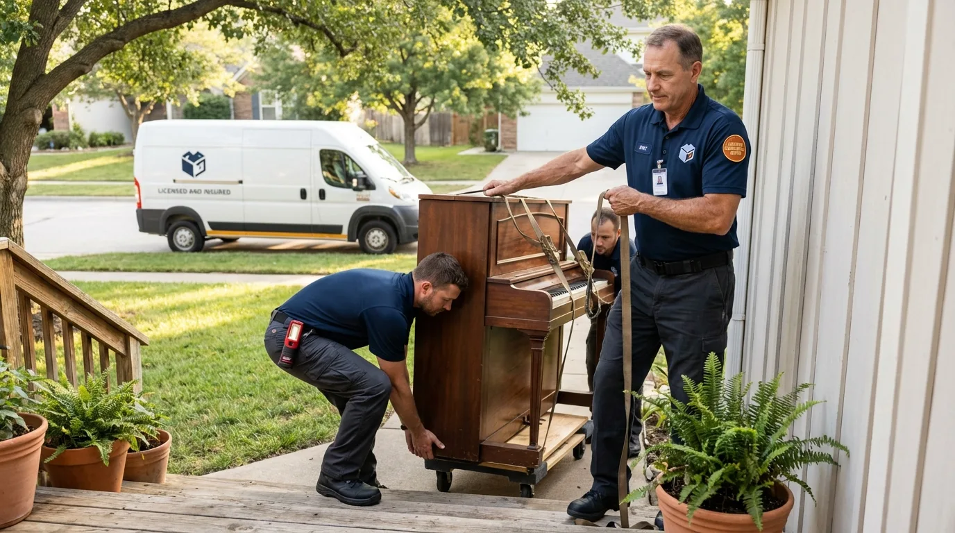 Licensed piano movers securing grand piano in North Hills, CA