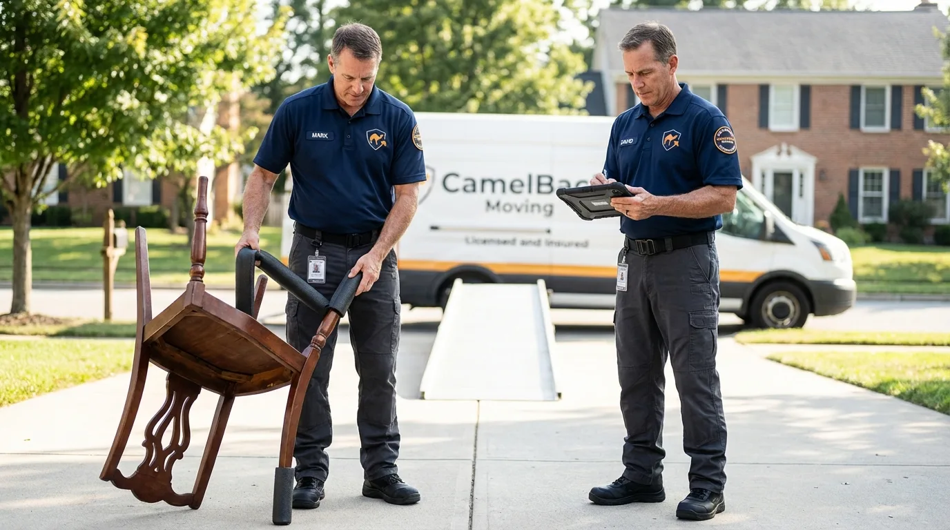 Movers inspecting furniture for damage prevention before loading in North Hills, CA