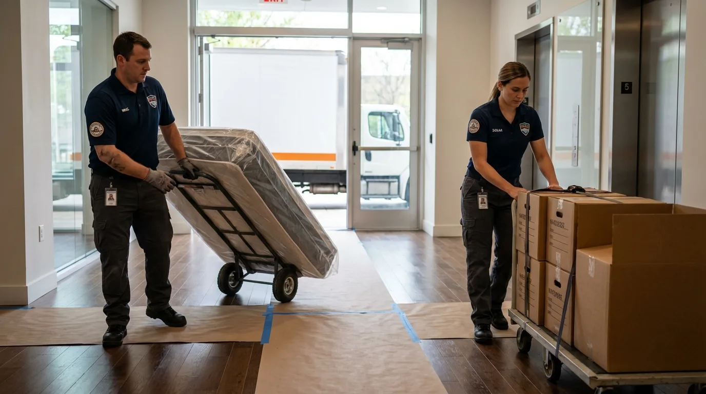 Professional apartment movers loading elevator in North Hills, CA