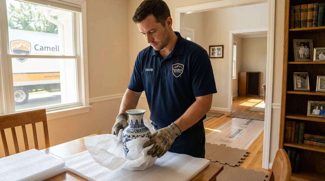 Professional crew carefully wrapping antique vase for senior downsizing move in North Hills, CA
