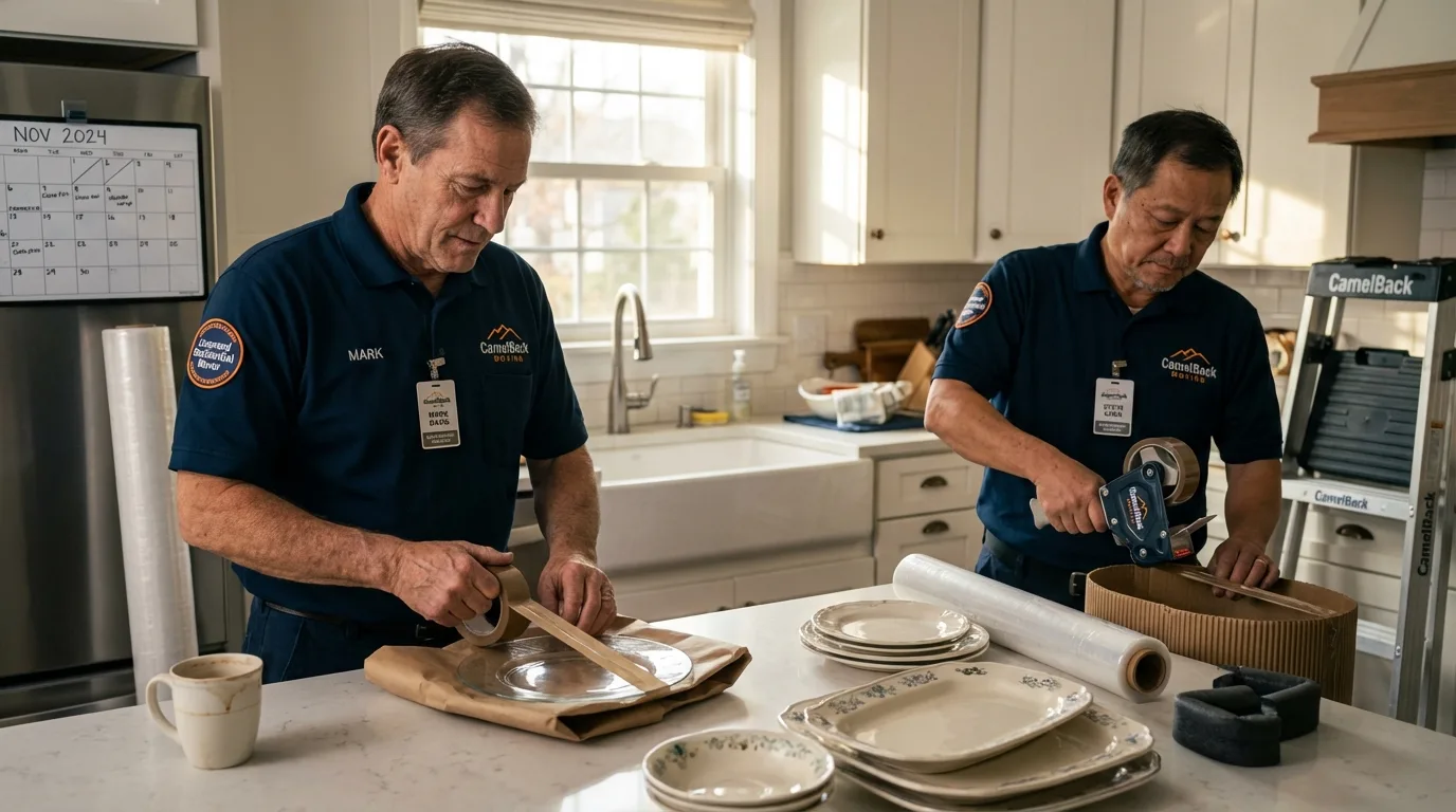 Professional crew packing kitchen dishware in North Hills, CA